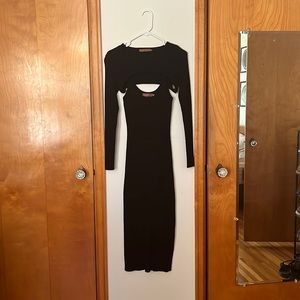 Tight fitting black ribbed set, midi dress and crop shoulder sweat